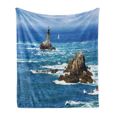 Lighthouse Soft Flannel Fleece Throw Blanket, Daytime Lighthouse Wavy Ocean View and Clear Sky Rocky Islands Sailboat, Cozy Plush for Indoor and Outdoor Use, 50" x 70", Blue Grey White, by Ambesonne