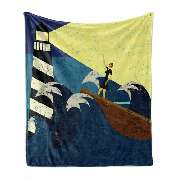 Lighthouse Soft Flannel Fleece Throw Blanket, Grunge Abstract Artwork of a Mysterious Woman in a Boat Sea Storm, Cozy Plush for Indoor and Outdoor Use, 50" x 60", Dark Blue Yellow Brown, by Ambesonne