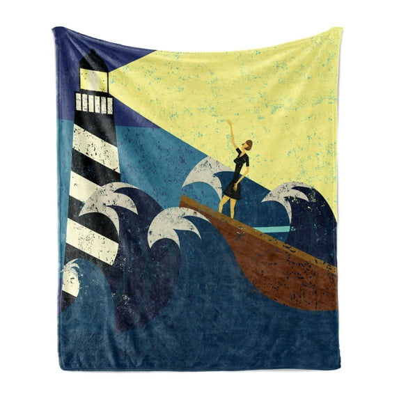 Lighthouse Soft Flannel Fleece Throw Blanket, Grunge Abstract Artwork of a Mysterious Woman in a Boat Sea Storm, Cozy Plush for Indoor and Outdoor Use, 60" x 80", Dark Blue Yellow Brown, by Ambesonne