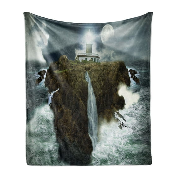 Lighthouse Soft Flannel Fleece Throw Blanket, Island Rocks Stormy Sea Crashing Waves Full Moon Beams, Cozy Plush for Indoor and Outdoor Use, 50" x 70", Grey White Brown, by Ambesonne