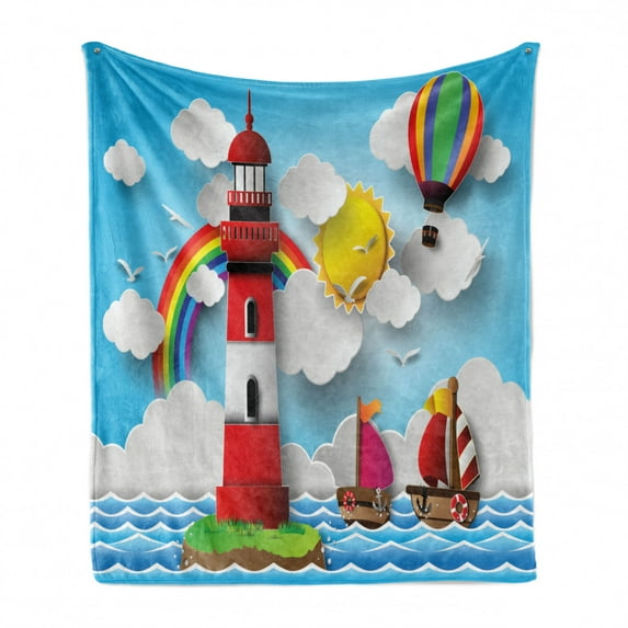Lighthouse Soft Flannel Fleece Throw Blanket, Kids Coast with Sailboats Sun Rainbow Hot Air Balloon Clouds Playroom Cartoon, Cozy Plush for Indoor and Outdoor Use, 70" x 90", Multicolor, by Ambesonne