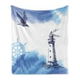 thumbnail image 1 of Lighthouse Soft Flannel Fleece Throw Blanket, Nostalgic Watercolors Gull Anchor Tower Nautical Theme, Cozy Plush for Indoor and Outdoor Use, 50" x 60", Blue and White, by Ambesonne, 1 of 5