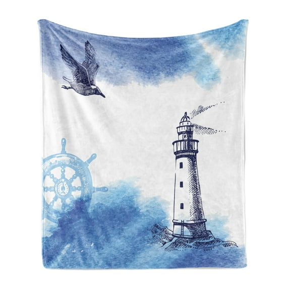 Lighthouse Soft Flannel Fleece Throw Blanket, Nostalgic Watercolors Gull Anchor Tower Nautical Theme, Cozy Plush for Indoor and Outdoor Use, 50" x 60", Blue and White, by Ambesonne