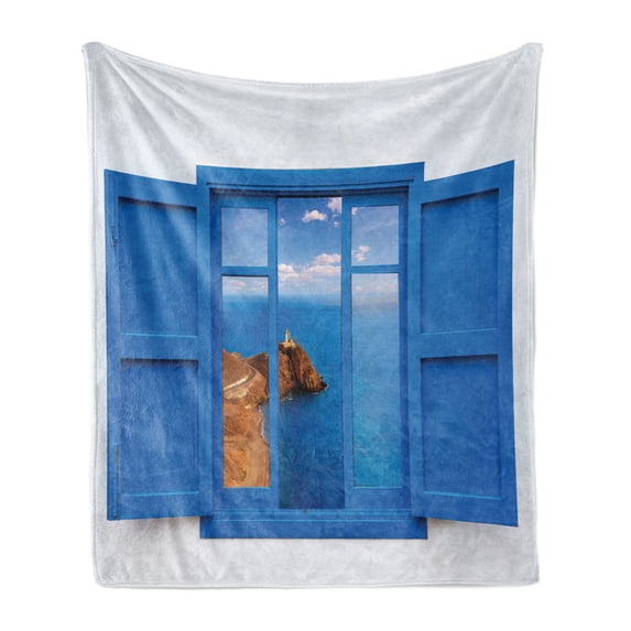 Lighthouse Soft Flannel Fleece Throw Blanket, View from Window of Cabo Lighthouse Photo Mount Mediterranean Image Art Print, Cozy Plush for Indoor and Outdoor Use, 50" x 70", Blue White, by Ambesonne