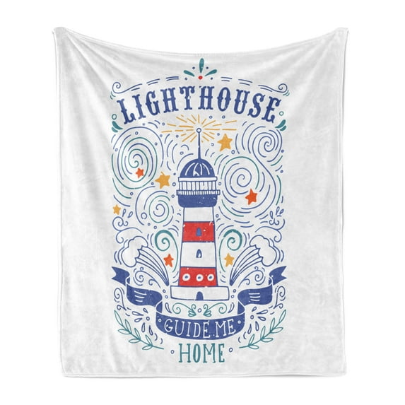 Lighthouse Soft Flannel Fleece Throw Blanket, Vintage Hand-Drawn Lighthouse Print Typography Stars Waves Branches Lettering, Cozy Plush for Indoor and Outdoor Use, 50" x 60", Multicolor, by Ambesonne