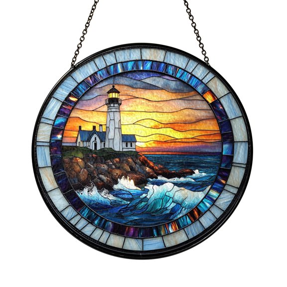 Lighthouse Stained Glass Style Suncatcher, Coastal Window Hanging with Ocean Beacon Scene Decor