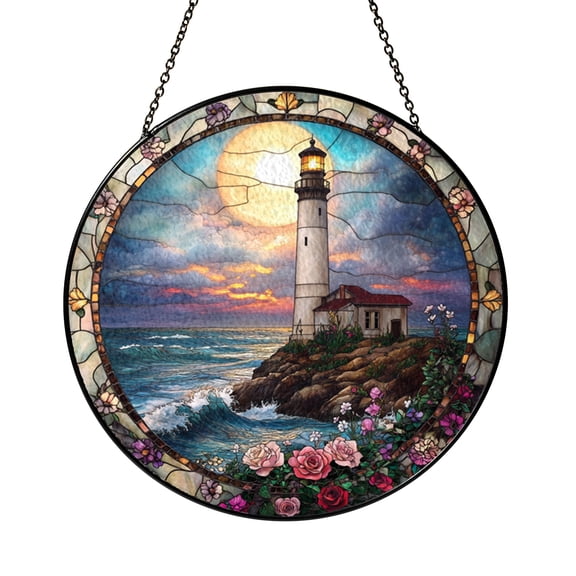 Lighthouse Stained Glass Style Window Suncatcher, Coastal Rustic Landscape Art Panel, Decorative Glass Style Window Hanging for Beach House Home Decor