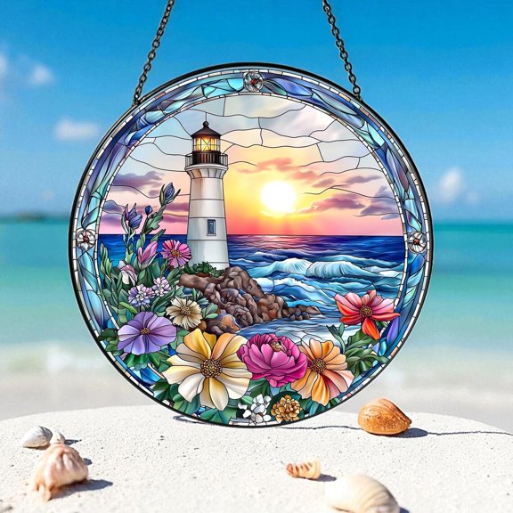 Lighthouse Stained Glass Suncatcher, Coastal Home Gift, Beach Lover Glass Vacation House Ocean Theme, Tropical Ocean Window Hanging