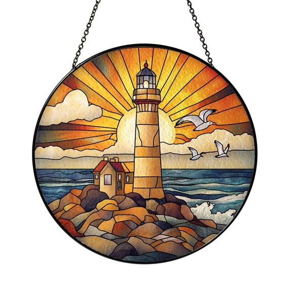 Lighthouse Stained Glass Suncatcher, Coastal Sunset Window Hanging Decor with Sea and Beacon Scene