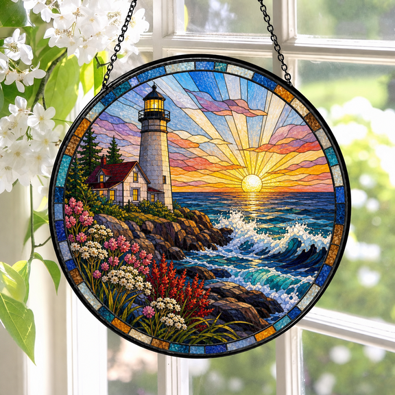 Lighthouse Stained Glass Suncatcher Window Hanging Coastal Sunrise Gift
