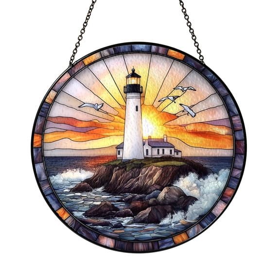 Lighthouse Stained Glass Suncatcher Window Hanging, Sunset Over Sea Coastal Sun Catcher for Beach Style Home Window Decor