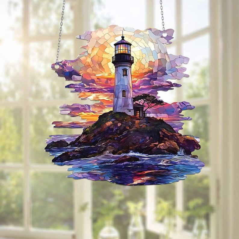 Nautical Lighthouse Stained Glass Window Film – Sunset Ocean Design, Self-Adhesive Privacy Film, 31.5" X 47.2"