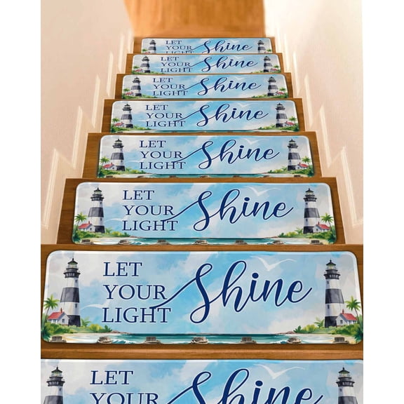 Lighthouse Stair Treads for Wooden Steps Indoor Runner Rug Carpet, Blue Coastal Nautical Ocean Beach Palm Tree 7 Pieces Peel and Stick Staircase Step Treads Covers Washable Throw Door Mats, 30"x8"