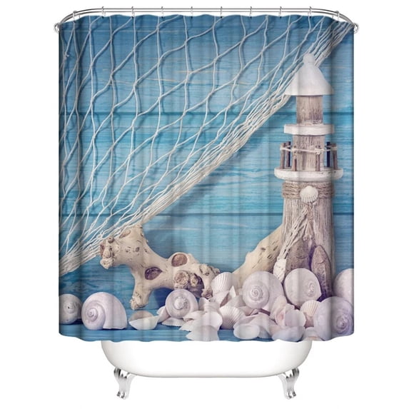 Lighthouse StarShower Curtain Sets Marine Ocean Beach Fishnet Shell Bathroom Curtains Scenery Bath Mat Rug Toilet Lid Cover