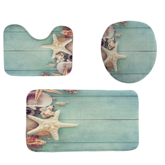 Lighthouse StarShower Curtain Sets Marine Ocean Beach Fishnet Shell Bathroom Curtains Scenery Bath Mat Rug Toilet Lid Cover