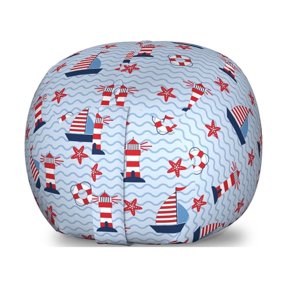 Lighthouse Storage Toy Bag Chair, Sea Waves Background with Boats and Starfish Aquatic Elements, Stuffed Animal Organizer Washable Bag, Small Size, Pale Blue Red White, by Ambesonne