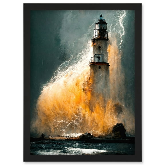Lighthouse Storm French Coastline Lightning Hurricane Artwork Framed Wall Art Print A4