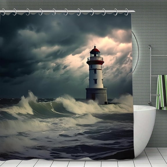 Lighthouse Storm Ocean Print Shower Curtain,Modern Fabric Waterproof Shower Curtain Set with Hooks,70.8×70.8Inch