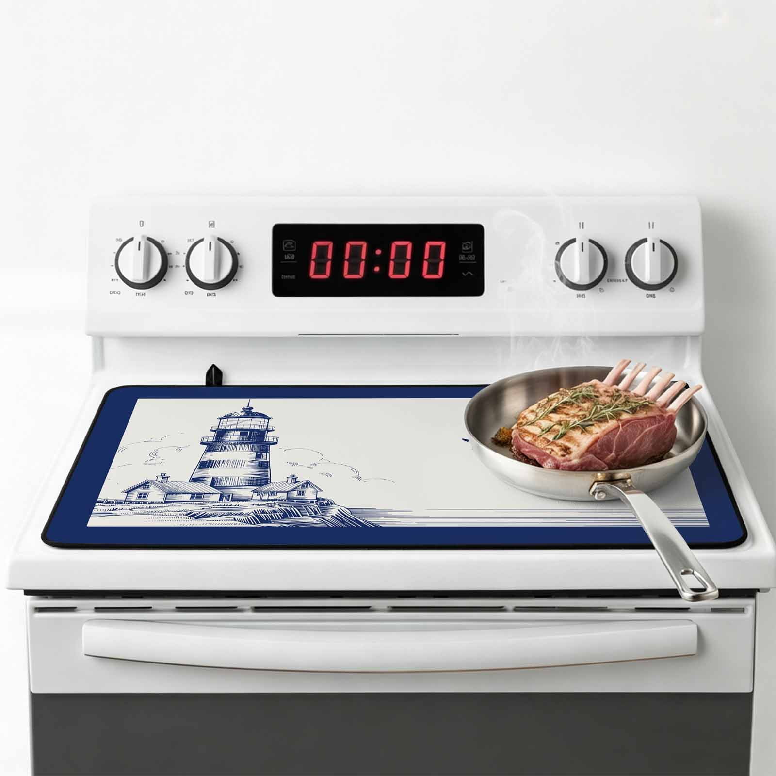 Lighthouse Stove Top Cover for Electric Stove, Heat-proof & Non Slip Glass Top Stove Cover Protector, Ocean Seagull Vintage Navy Blue Coastal Boat Kitchen Flat Cooktop Rubber Mat 36x21 Inches