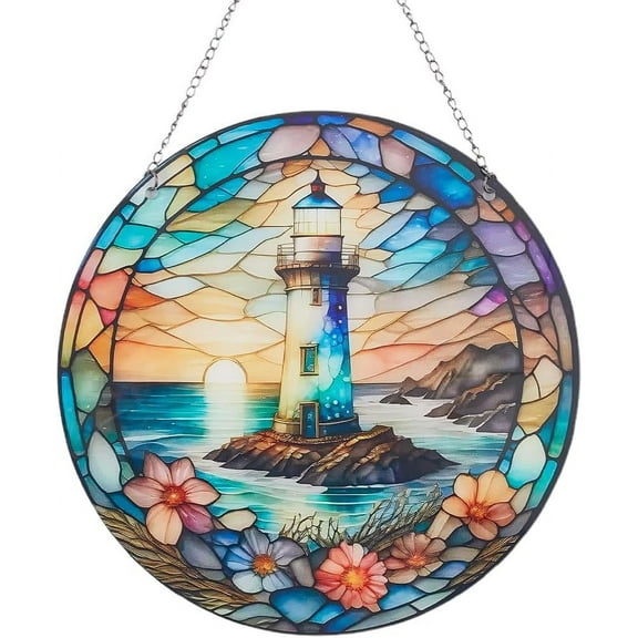 Lighthouse Suncatcher Stained Window Hangings Acrylic Round Window Panel Glass Window Hangings Decor Flower Wall Art Sun Catcher Ornament Gift