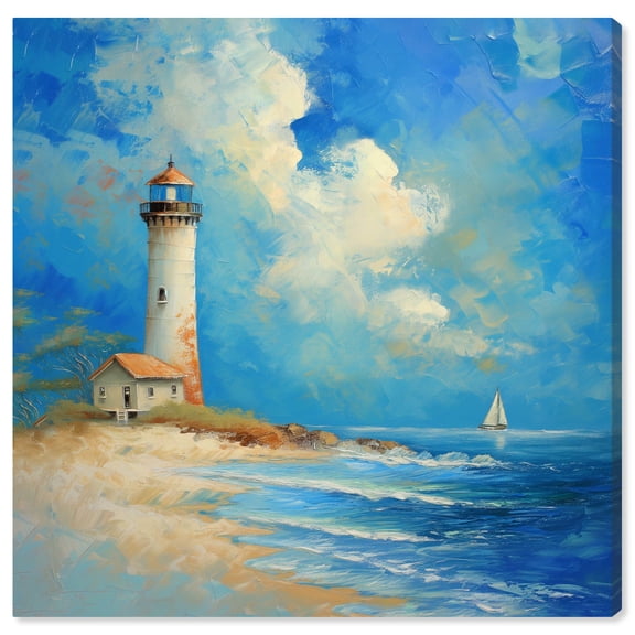 Lighthouse Sunrise Chic Coastal Canvas Wall Art by Art Remedy, Gallery Wrapped, 30"x30"