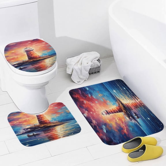 Lighthouse Sunrise Coast Scenery Pale Blue Tan 3 Pieces Bath Mats Set, Non-Slip Washable Cover Floor Rug Decorations for Kitchen Bathroom Bedroom