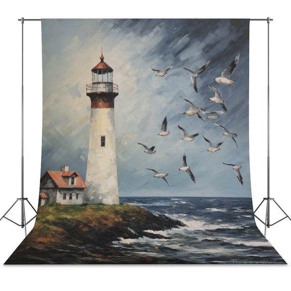 Lighthouse Sunrise Coast Scenery Pale Blue Tan Backdrop Background for Photography Photo Booth Backdrop for Photoshoot Background Screen Video Recording Parties Curtain