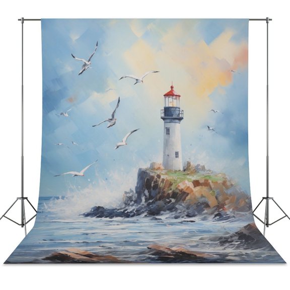 Lighthouse Sunrise Coast Scenery Pale Blue Tan Backdrop Background for Photography Photo Booth Backdrop for Photoshoot Background Screen Video Recording Parties Curtain