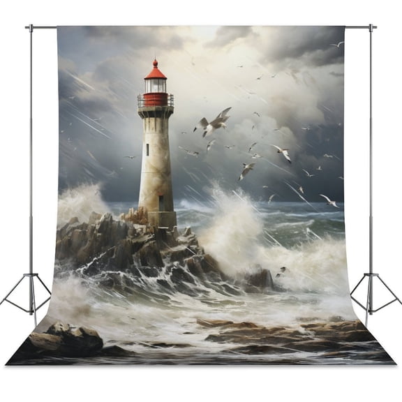 Lighthouse Sunrise Coast Scenery Pale Blue Tan Backdrop Background for Photography Photo Booth Backdrop for Photoshoot Background Screen Video Recording Parties Curtain