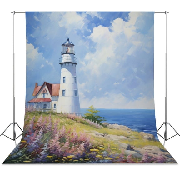 Lighthouse Sunrise Coast Scenery Pale Blue Tan Backdrop Background for Photography Photo Booth Backdrop for Photoshoot Background Screen Video Recording Parties Curtain