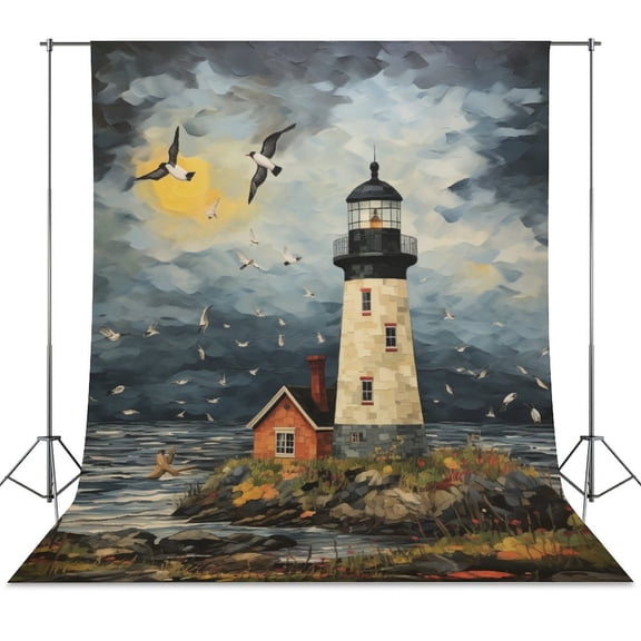 Lighthouse Sunrise Coast Scenery Pale Blue Tan Backdrop Background for Photography Photo Booth Backdrop for Photoshoot Background Screen Video Recording Parties Curtain
