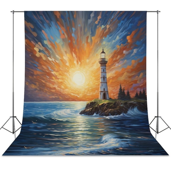 Lighthouse Sunrise Coast Scenery Pale Blue Tan Backdrop Background for Photography Photo Booth Backdrop for Photoshoot Background Screen Video Recording Parties Curtain