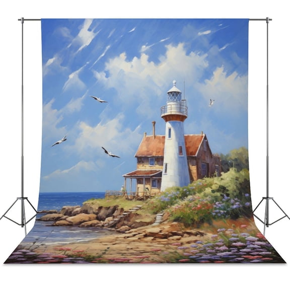 Lighthouse Sunrise Coast Scenery Pale Blue Tan Backdrop Background for Photography Photo Booth Backdrop for Photoshoot Background Screen Video Recording Parties Curtain