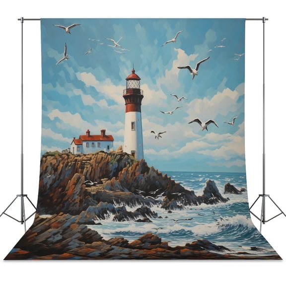 Lighthouse Sunrise Coast Scenery Pale Blue Tan Backdrop Background for Photography Photo Booth Backdrop for Photoshoot Background Screen Video Recording Parties Curtain