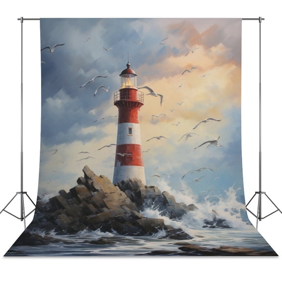 Lighthouse Sunrise Coast Scenery Pale Blue Tan Backdrop Background for Photography Photo Booth Backdrop for Photoshoot Background Screen Video Recording Parties Curtain