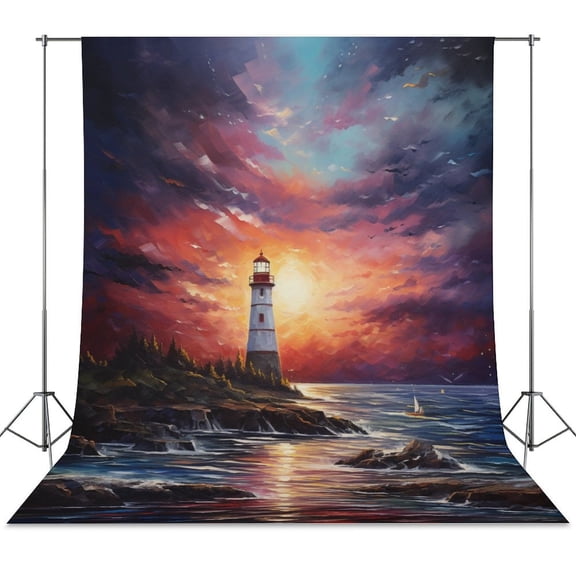 Lighthouse Sunrise Coast Scenery Pale Blue Tan Backdrop Background for Photography Photo Booth Backdrop for Photoshoot Background Screen Video Recording Parties Curtain