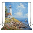 thumbnail image 1 of Lighthouse Sunrise Coast Scenery Pale Blue Tan Backdrop Background for Photography Photo Booth Backdrop for Photoshoot Background Screen Video Recording Parties Curtain, 1 of 5
