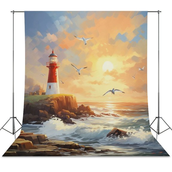 Lighthouse Sunrise Coast Scenery Pale Blue Tan Backdrop Background for Photography Photo Booth Backdrop for Photoshoot Background Screen Video Recording Parties Curtain