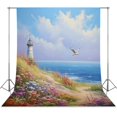 thumbnail image 1 of Lighthouse Sunrise Coast Scenery Pale Blue Tan Backdrop Background for Photography Photo Booth Backdrop for Photoshoot Background Screen Video Recording Parties Curtain, 1 of 5