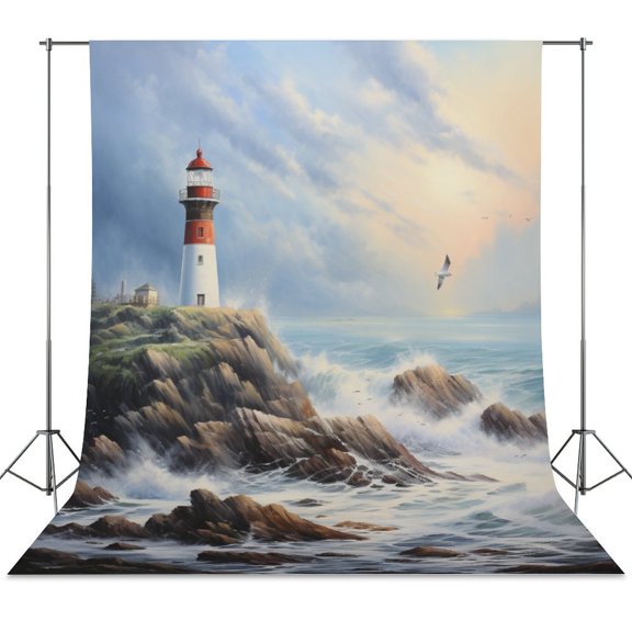 Lighthouse Sunrise Coast Scenery Pale Blue Tan Backdrop Background for Photography Photo Booth Backdrop for Photoshoot Background Screen Video Recording Parties Curtain