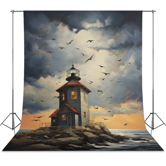 Lighthouse Sunrise Coast Scenery Pale Blue Tan Backdrop Background for Photography Photo Booth Backdrop for Photoshoot Background Screen Video Recording Parties Curtain