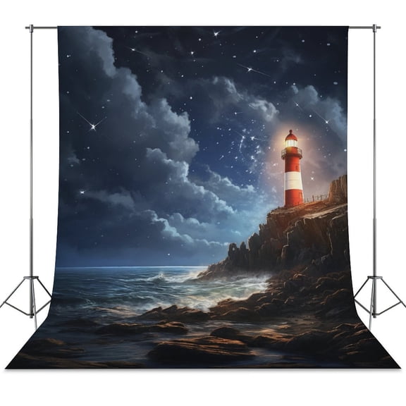 Lighthouse Sunrise Coast Scenery Pale Blue Tan Backdrop Background for Photography Photo Booth Backdrop for Photoshoot Background Screen Video Recording Parties Curtain