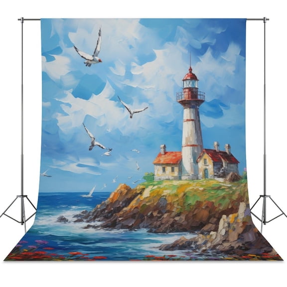 Lighthouse Sunrise Coast Scenery Pale Blue Tan Backdrops for Photography for Party Backdrop Wedding Backdrop Background Picture