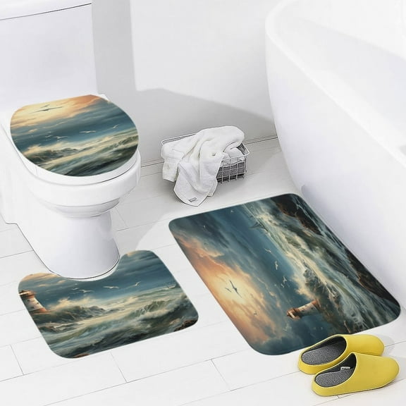 Lighthouse Sunrise Coast Scenery Pale Blue Tan Bathroom Mats Set 3-piece Bath Mats , Floor Rug Decorations for Kitchen Bathroom Bedroom