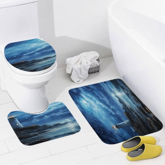 Lighthouse Sunrise Coast Scenery Pale Blue Tan Bathroom Rug Set of 3, No Silp Washable Cover Floor Rug Decorations for Kitchen Bathroom Bedroom