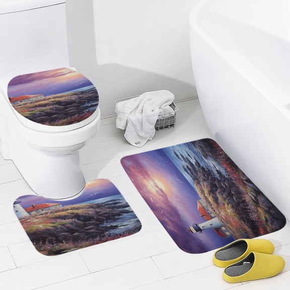 Lighthouse Sunrise Coast Scenery Pale Blue Tan Bathroom Rug Set of 3, No Silp Washable Cover Floor Rug Decorations for Kitchen Bathroom Bedroom