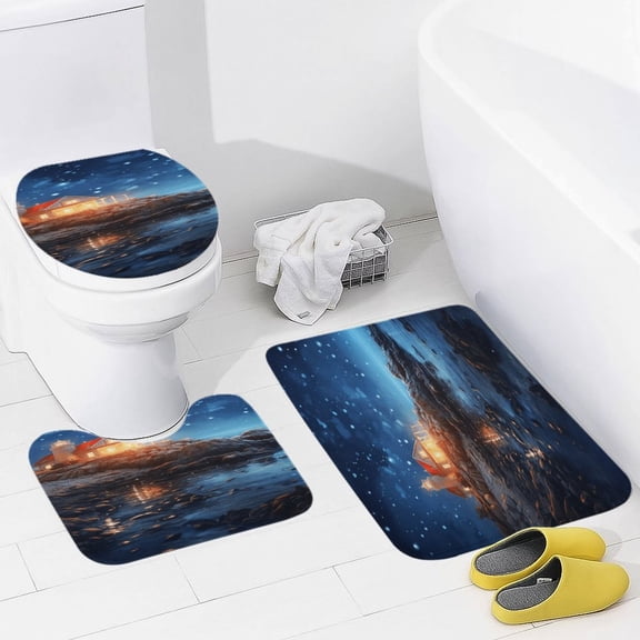 Lighthouse Sunrise Coast Scenery Pale Blue Tan Bathroom Rug Set of 3, No Silp Washable Cover Floor Rug Decorations for Kitchen Bathroom Bedroom