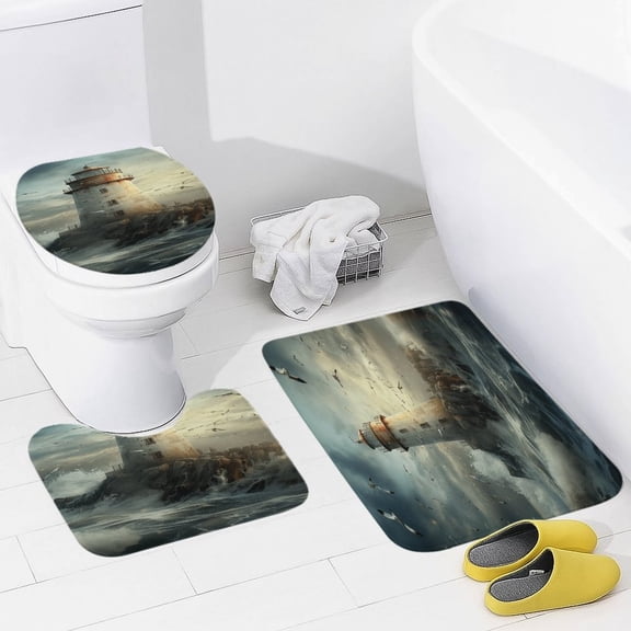 Lighthouse Sunrise Coast Scenery Pale Blue Tan Bathroom Rug Set of 3, No Silp Washable Cover Floor Rug Decorations for Kitchen Bathroom Bedroom