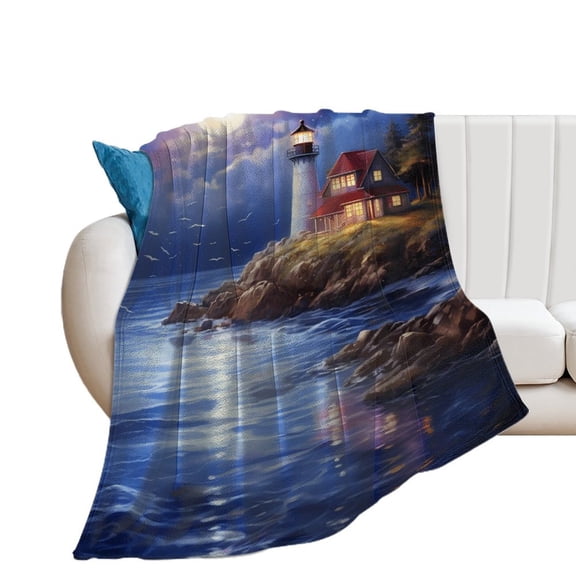 Lighthouse Sunrise Coast Scenery Pale Blue Tan Blanket for Bed Throw Blanket for Women, Men And Kids Super Soft Plush Blanket Throw, Print Blanket, Blanket for Kids
