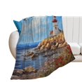 thumbnail image 1 of Lighthouse Sunrise Coast Scenery Pale Blue Tan Blanket for Bed Throw Blanket for Women, Men And Kids Super Soft Plush Blanket Throw, Print Blanket, Blanket for Kids, 1 of 8